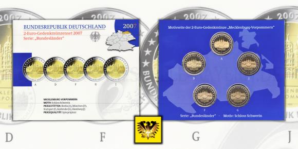 2 € Gedenkmünzenset 2007 A, D, F, G, J, in Spiegelglanz Qualität. Bundesland Mecklenburg-Vorpommern mit Schloss Schwerin.